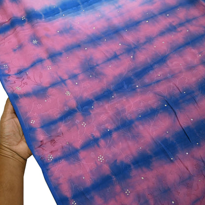 Indian Vintage Pink & Blue Saree Pure Crepe Silk Hand Embroidered Tie-Dye Sari Fabric 5yard Sewing Craft Fabric Ethnic Sequins Dressmaking