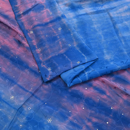 Indian Vintage Pink & Blue Saree Pure Crepe Silk Hand Embroidered Tie-Dye Sari Fabric 5yard Sewing Craft Fabric Ethnic Sequins Dressmaking