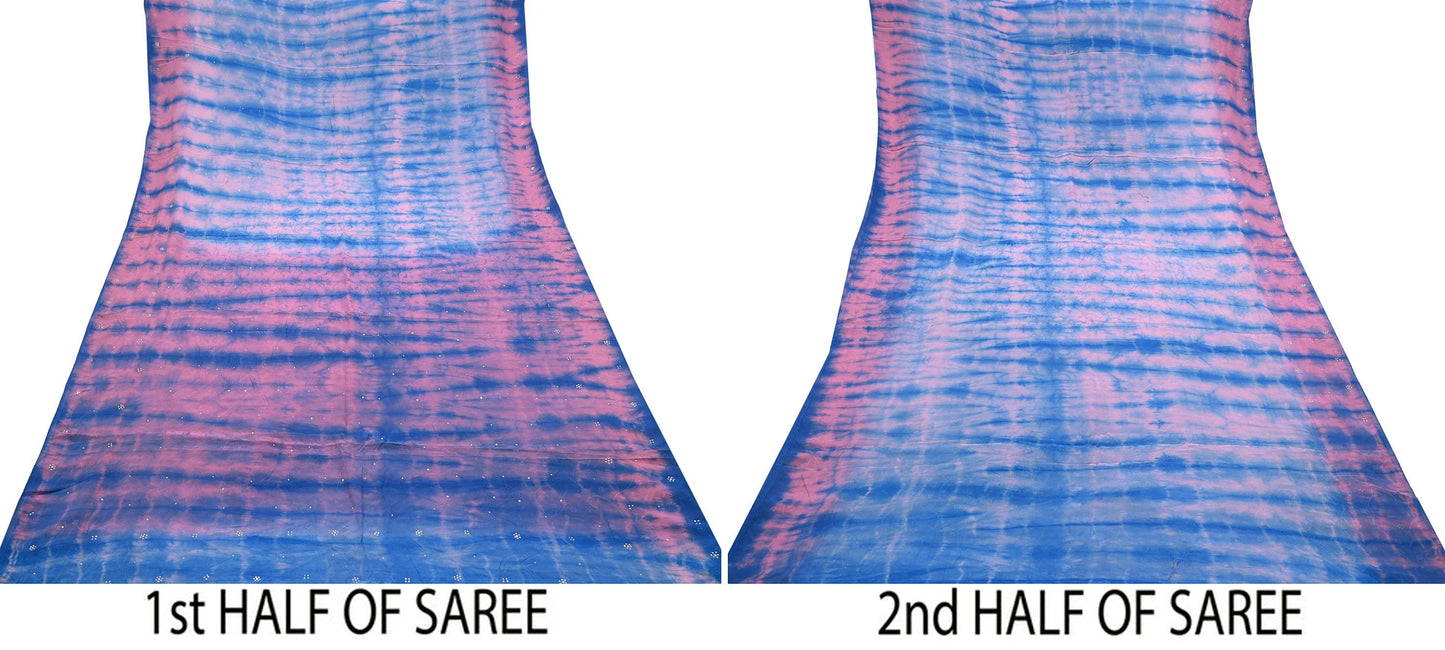 Indian Vintage Pink & Blue Saree Pure Crepe Silk Hand Embroidered Tie-Dye Sari Fabric 5yard Sewing Craft Fabric Ethnic Sequins Dressmaking