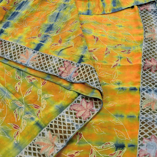 Indian Vintage Sari Multi Pure Crepe Silk Hand Embroidered Sarees 6yd Sewing Floral Craft Zari Dress making Crafting Quilting