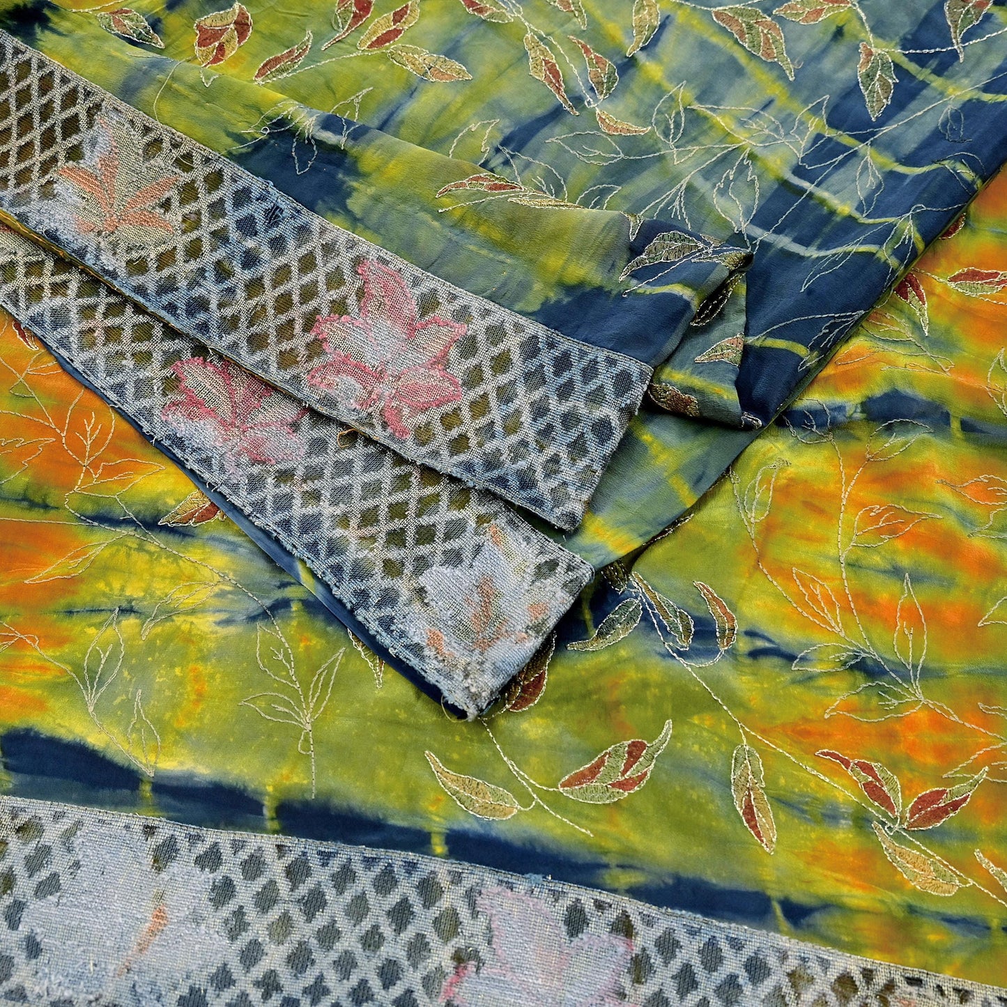 Indian Vintage Sari Multi Pure Crepe Silk Hand Embroidered Sarees 6yd Sewing Floral Craft Zari Dress making Crafting Quilting
