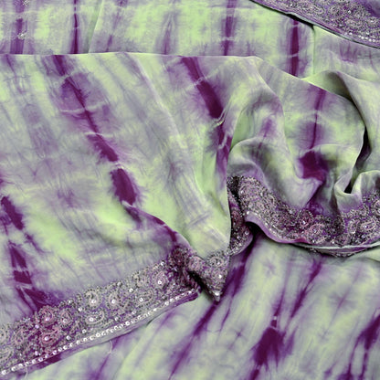Indian Vintage Purple & Green Saree Pure Crepe Silk Hand Embroidered Tie-Dye Sari Fabric 5yard Sewing Craft Fabric Ethnic zari