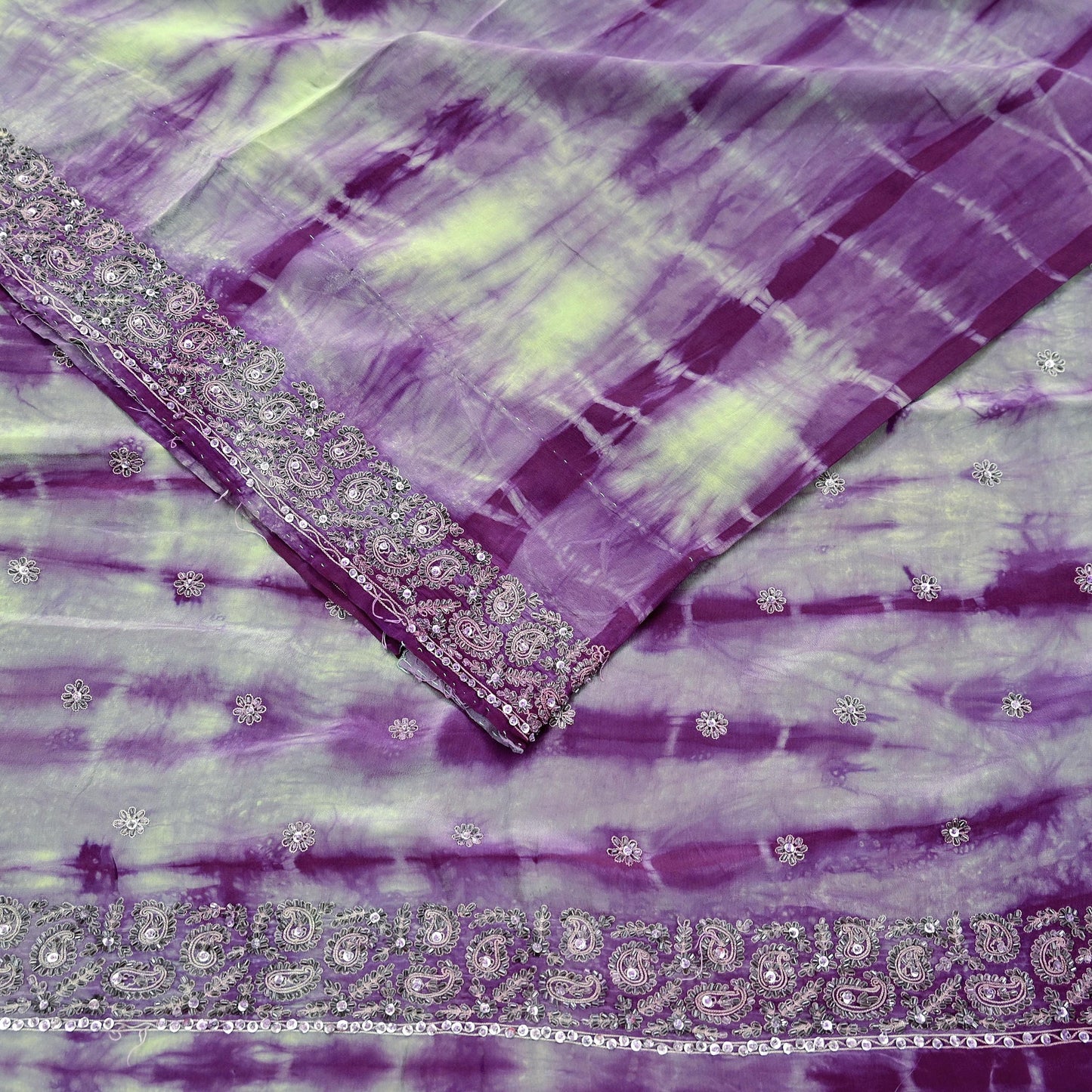 Indian Vintage Purple & Green Saree Pure Crepe Silk Hand Embroidered Tie-Dye Sari Fabric 5yard Sewing Craft Fabric Ethnic zari
