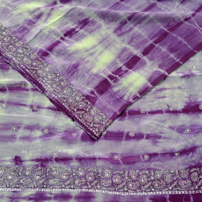 Indian Vintage Purple & Green Saree Pure Crepe Silk Hand Embroidered Tie-Dye Sari Fabric 5yard Sewing Craft Fabric Ethnic zari