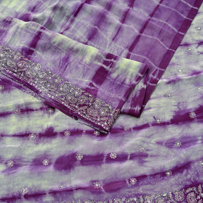 Indian Vintage Purple & Green Saree Pure Crepe Silk Hand Embroidered Tie-Dye Sari Fabric 5yard Sewing Craft Fabric Ethnic zari