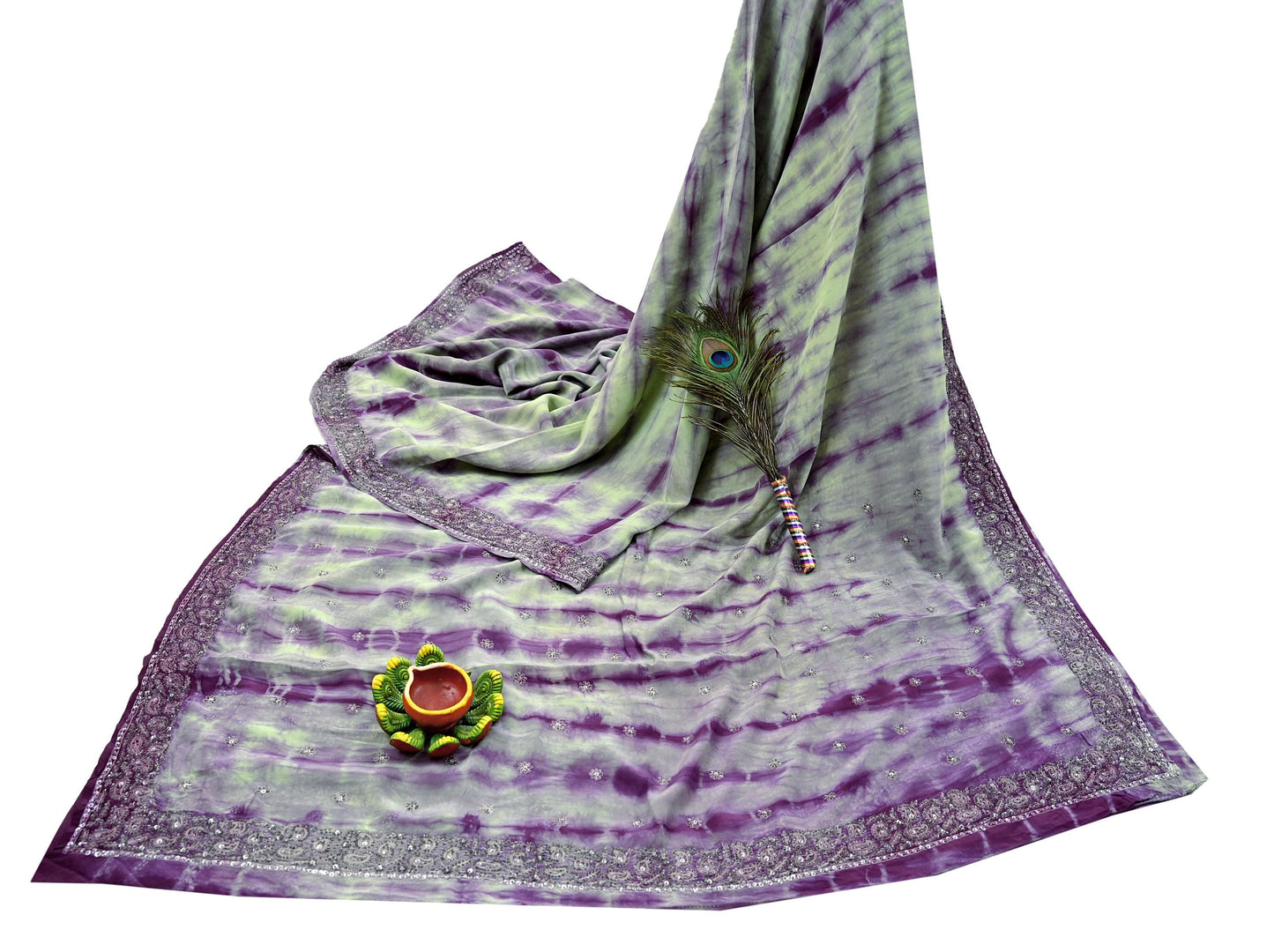 Indian Vintage Purple & Green Saree Pure Crepe Silk Hand Embroidered Tie-Dye Sari Fabric 5yard Sewing Craft Fabric Ethnic zari