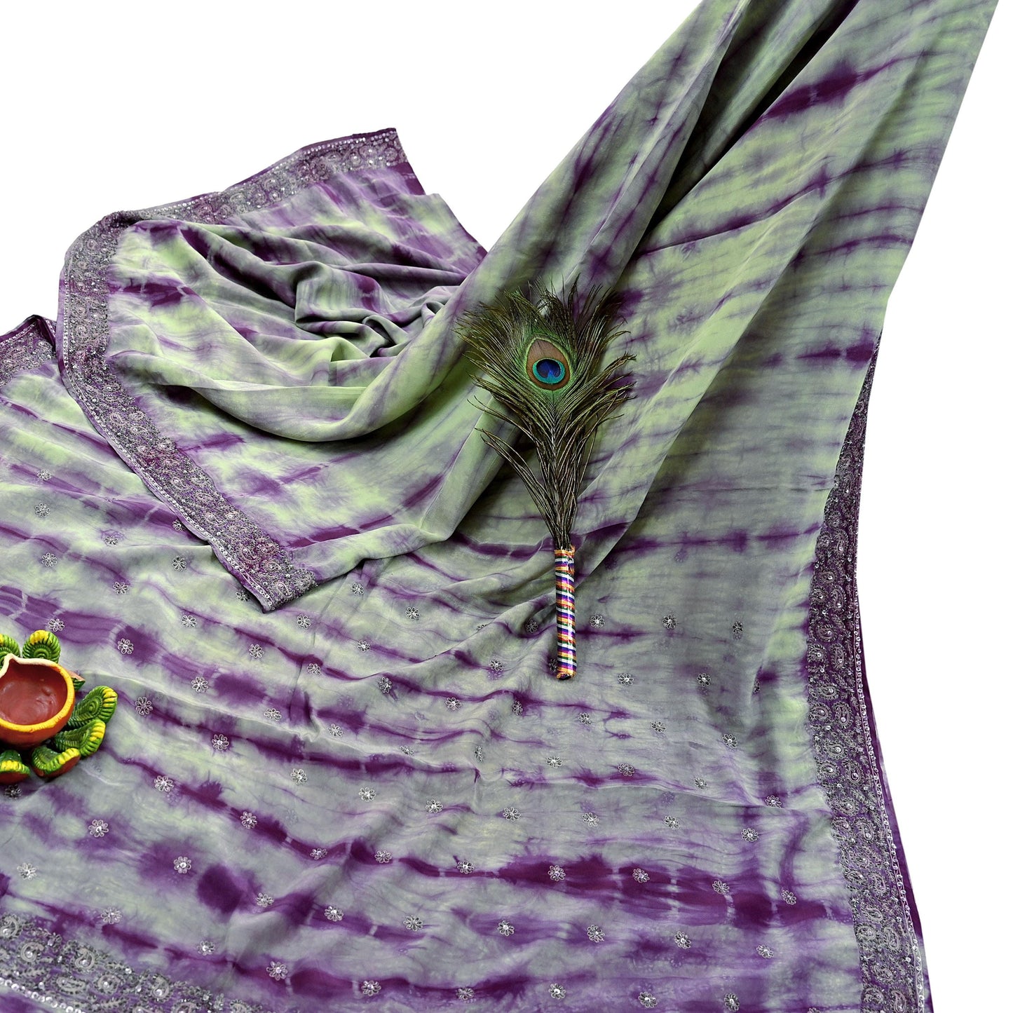 Indian Vintage Purple & Green Saree Pure Crepe Silk Hand Embroidered Tie-Dye Sari Fabric 5yard Sewing Craft Fabric Ethnic zari