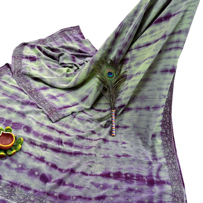 Indian Vintage Purple & Green Saree Pure Crepe Silk Hand Embroidered Tie-Dye Sari Fabric 5yard Sewing Craft Fabric Ethnic zari
