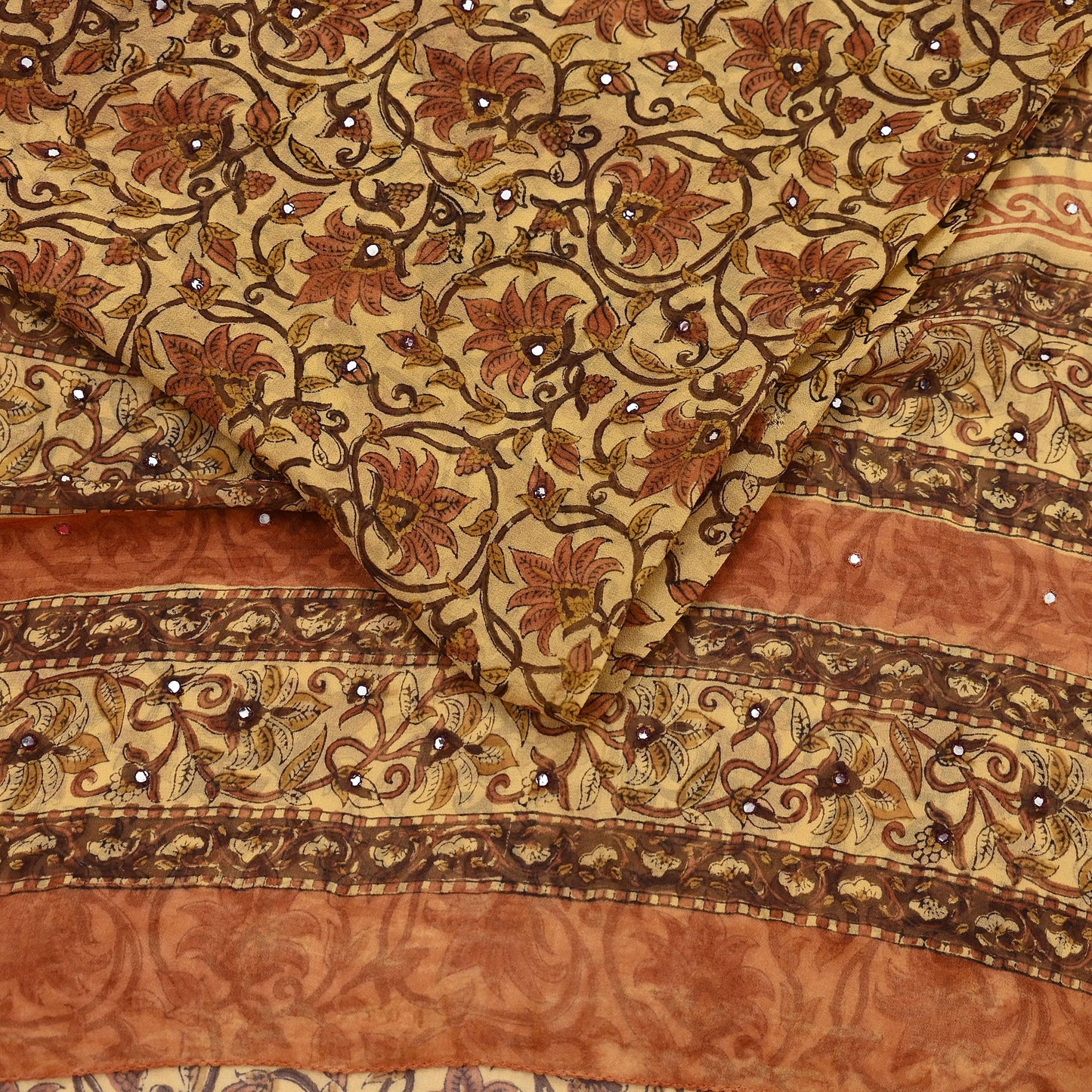 Women Vintage Sari Beige Pure Georgette Silk Digital Printed Saree Craft Fabric Sewing 5Yd Light Dress Making Geometric Crafting Quilting