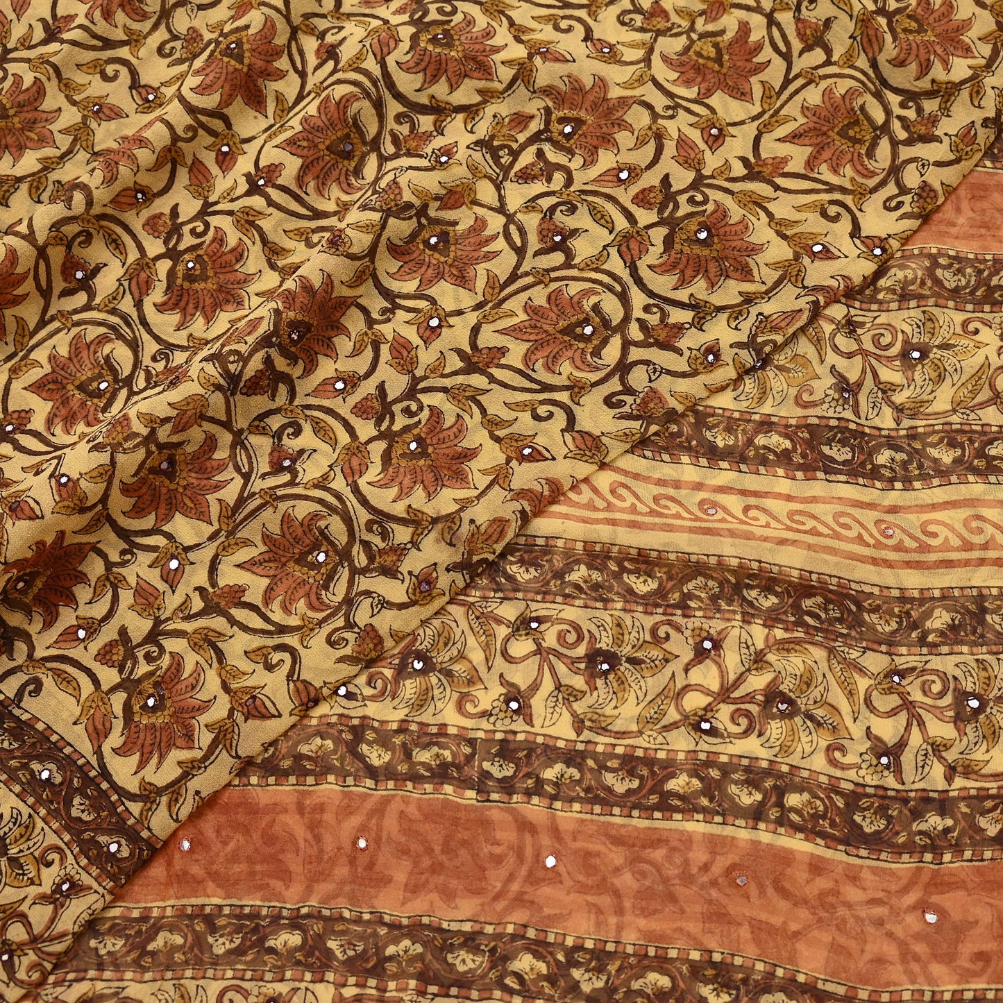 Women Vintage Sari Beige Pure Georgette Silk Digital Printed Saree Craft Fabric Sewing 5Yd Light Dress Making Geometric Crafting Quilting