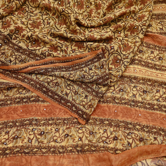 Women Vintage Sari Beige Pure Georgette Silk Digital Printed Saree Craft Fabric Sewing 5Yd Light Dress Making Geometric Crafting Quilting