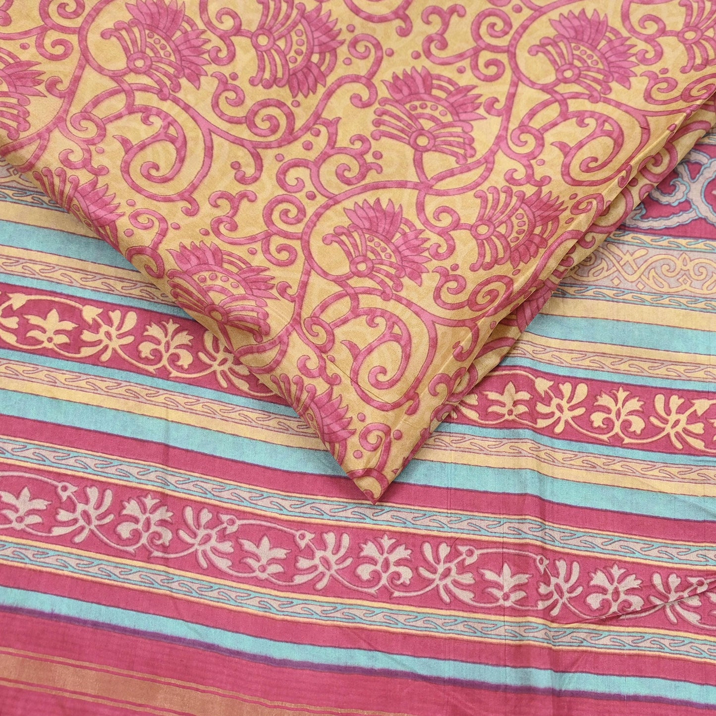 Indian Vintage Sari Pink & Beige Pure Silk Printed Sarees 5yd Sewing Craft Fabric Dress Making Soft Floral Paisley Upcycle Quilting Crafting