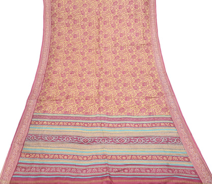 Indian Vintage Sari Pink & Beige Pure Silk Printed Sarees 5yd Sewing Craft Fabric Dress Making Soft Floral Paisley Upcycle Quilting Crafting