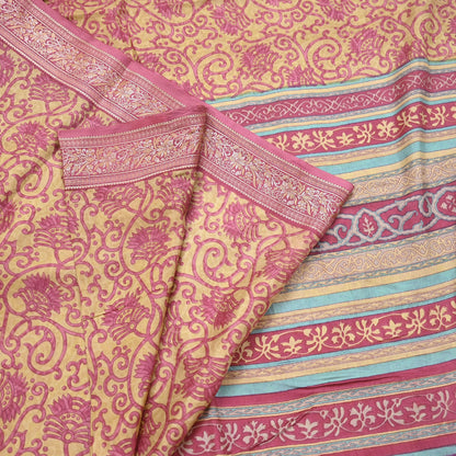 Indian Vintage Sari Pink & Beige Pure Silk Printed Sarees 5yd Sewing Craft Fabric Dress Making Soft Floral Paisley Upcycle Quilting Crafting