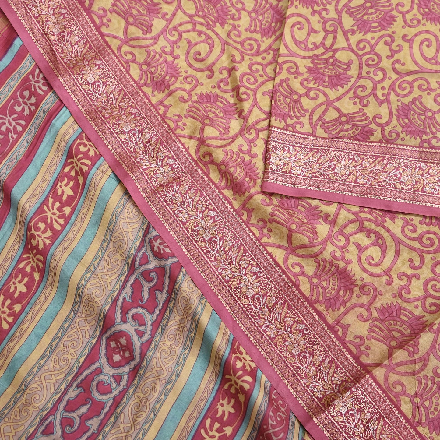 Indian Vintage Sari Pink & Beige Pure Silk Printed Sarees 5yd Sewing Craft Fabric Dress Making Soft Floral Paisley Upcycle Quilting Crafting