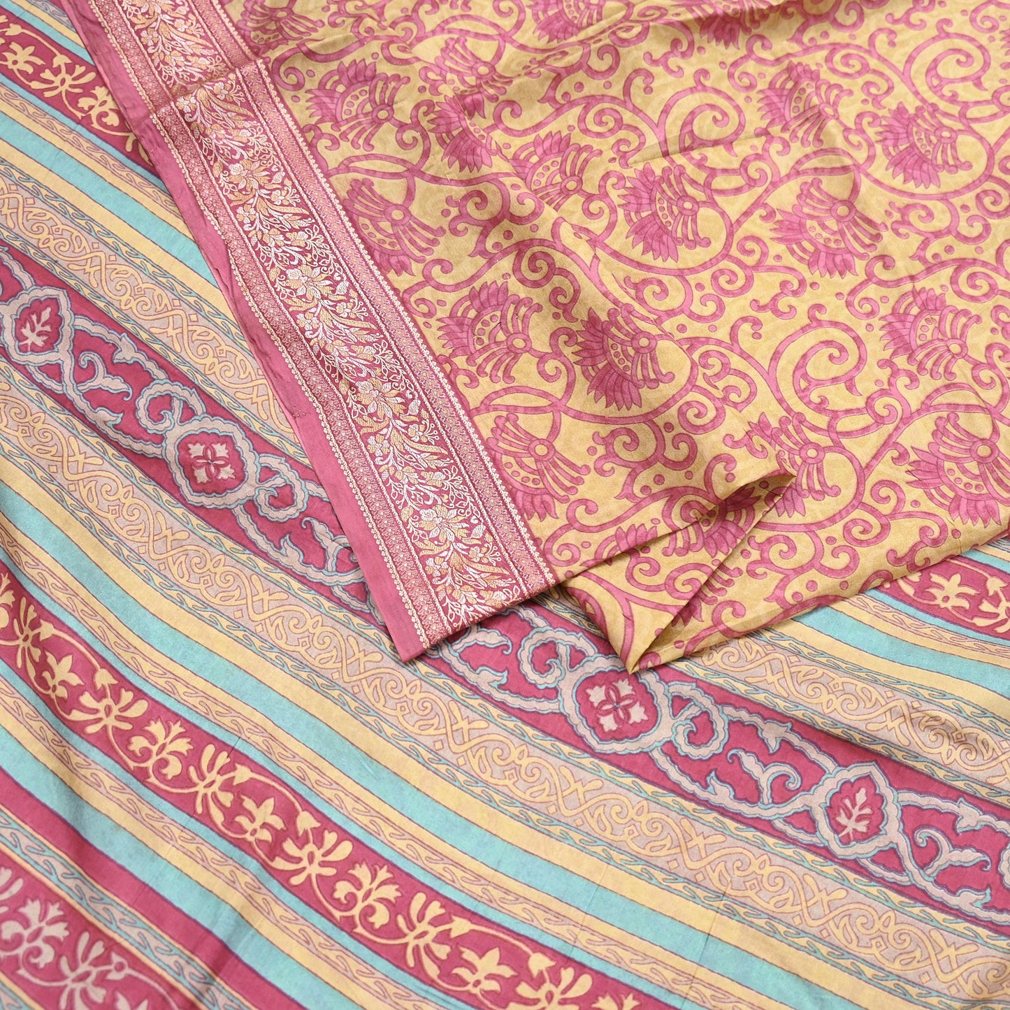 Indian Vintage Sari Pink & Beige Pure Silk Printed Sarees 5yd Sewing Craft Fabric Dress Making Soft Floral Paisley Upcycle Quilting Crafting