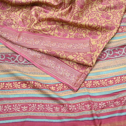 Indian Vintage Sari Pink & Beige Pure Silk Printed Sarees 5yd Sewing Craft Fabric Dress Making Soft Floral Paisley Upcycle Quilting Crafting