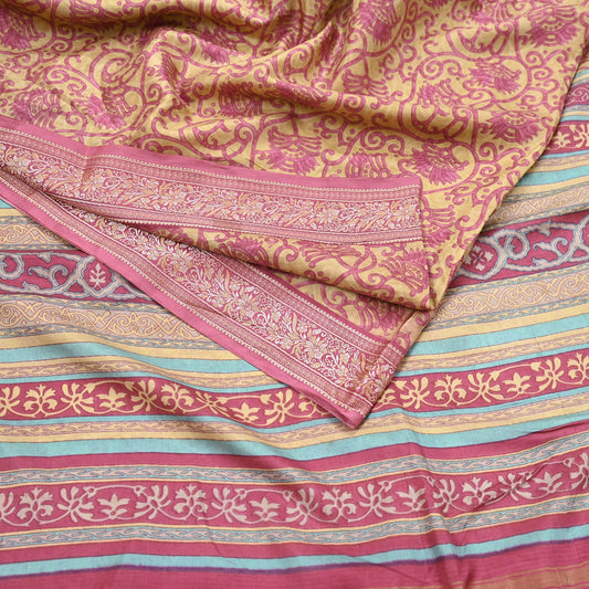 Indian Vintage Sari Pink & Beige Pure Silk Printed Sarees 5yd Sewing Craft Fabric Dress Making Soft Floral Paisley Upcycle Quilting Crafting