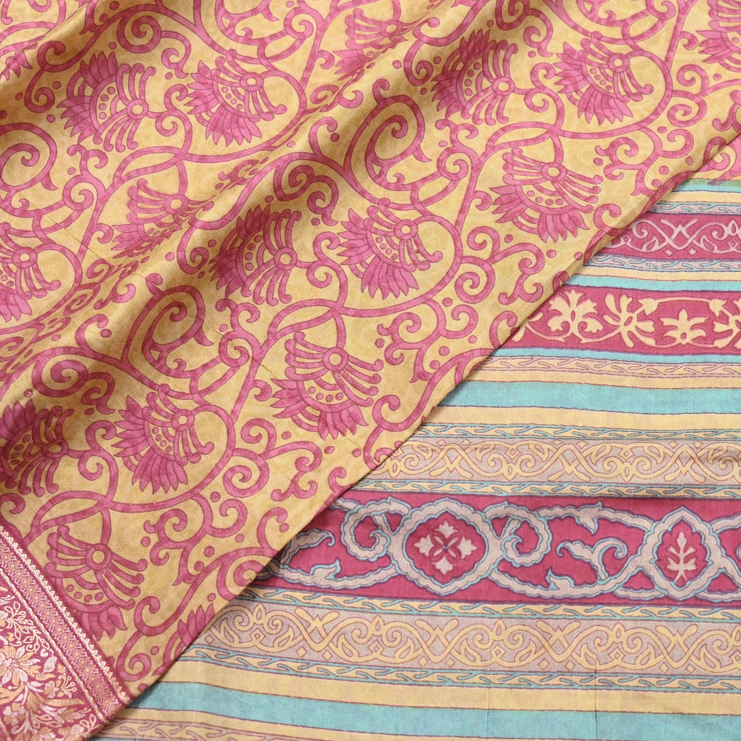 Indian Vintage Sari Pink & Beige Pure Silk Printed Sarees 5yd Sewing Craft Fabric Dress Making Soft Floral Paisley Upcycle Quilting Crafting