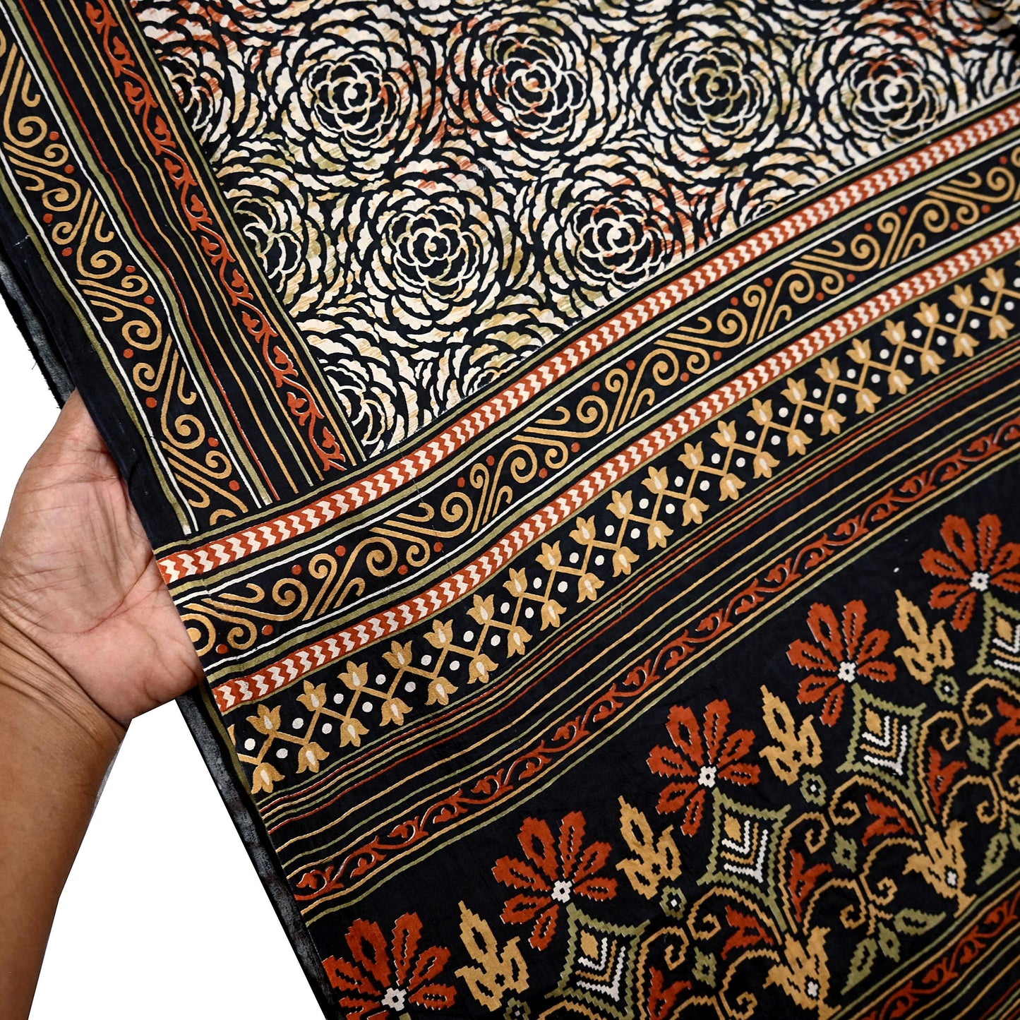 Indian Vintage Black & Beige Saree Pure Silk Block Printed Sari Craft Fabric 5yd Sewing DressMaking Soft Floral Quilting Crafting Upcycle