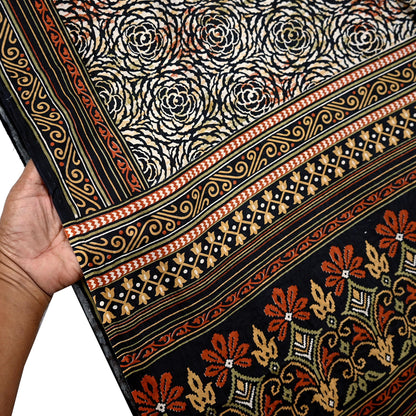 Indian Vintage Black & Beige Saree Pure Silk Block Printed Sari Craft Fabric 5yd Sewing DressMaking Soft Floral Quilting Crafting Upcycle