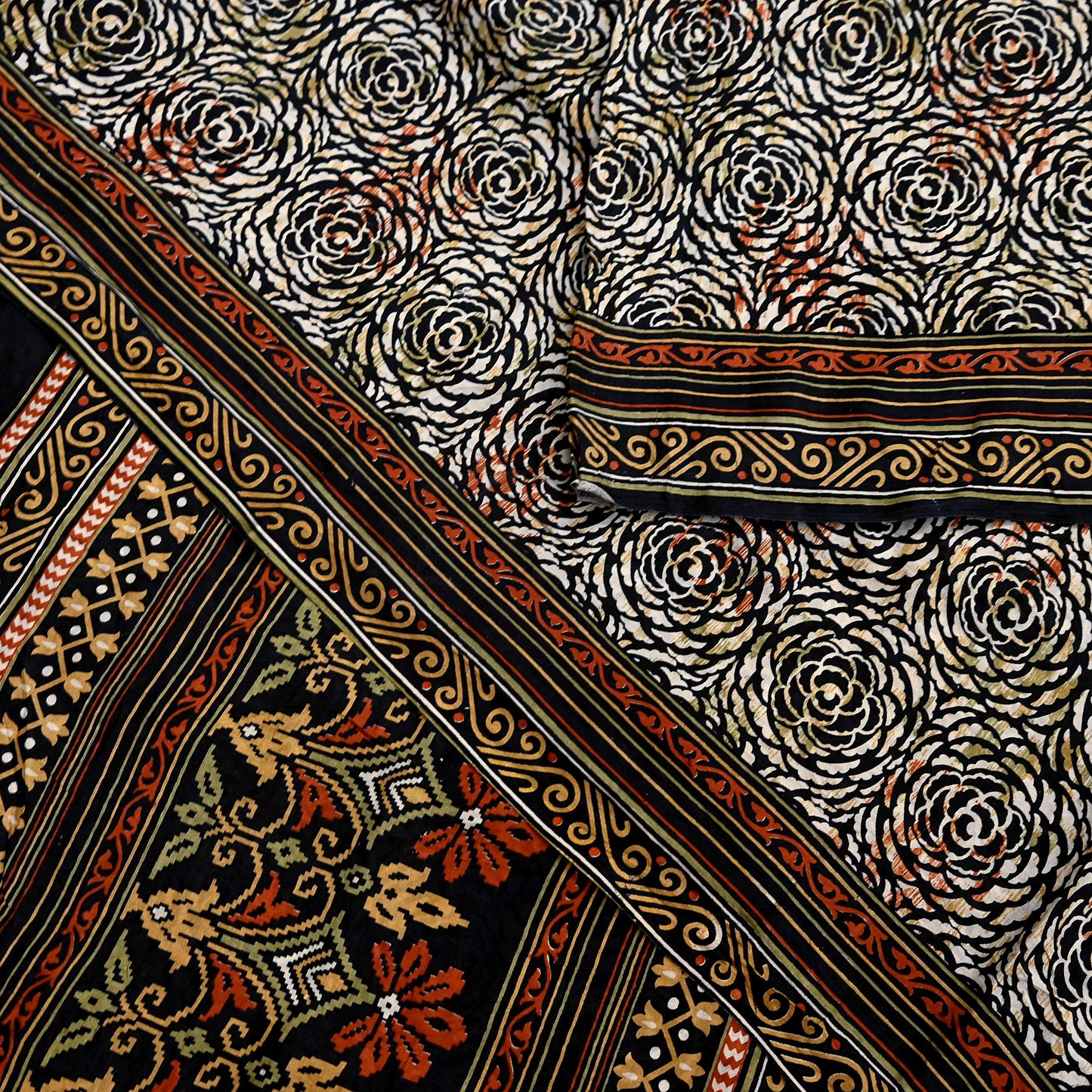 Indian Vintage Black & Beige Saree Pure Silk Block Printed Sari Craft Fabric 5yd Sewing DressMaking Soft Floral Quilting Crafting Upcycle