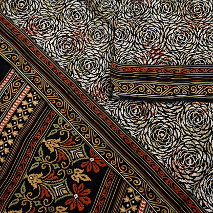 Indian Vintage Black & Beige Saree Pure Silk Block Printed Sari Craft Fabric 5yd Sewing DressMaking Soft Floral Quilting Crafting Upcycle