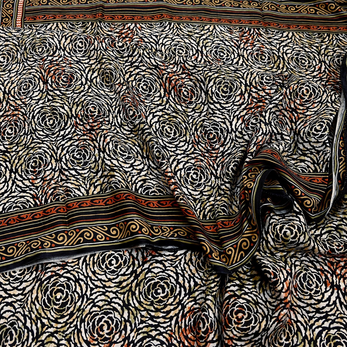 Indian Vintage Black & Beige Saree Pure Silk Block Printed Sari Craft Fabric 5yd Sewing DressMaking Soft Floral Quilting Crafting Upcycle