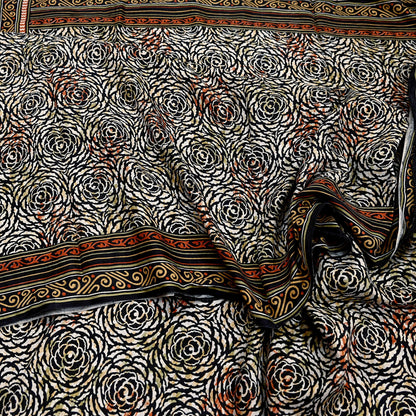 Indian Vintage Black & Beige Saree Pure Silk Block Printed Sari Craft Fabric 5yd Sewing DressMaking Soft Floral Quilting Crafting Upcycle