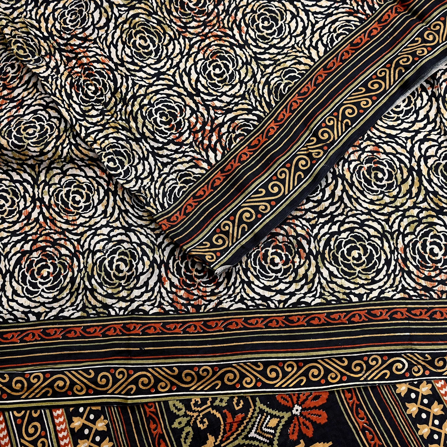 Indian Vintage Black & Beige Saree Pure Silk Block Printed Sari Craft Fabric 5yd Sewing DressMaking Soft Floral Quilting Crafting Upcycle