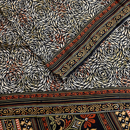 Indian Vintage Black & Beige Saree Pure Silk Block Printed Sari Craft Fabric 5yd Sewing DressMaking Soft Floral Quilting Crafting Upcycle