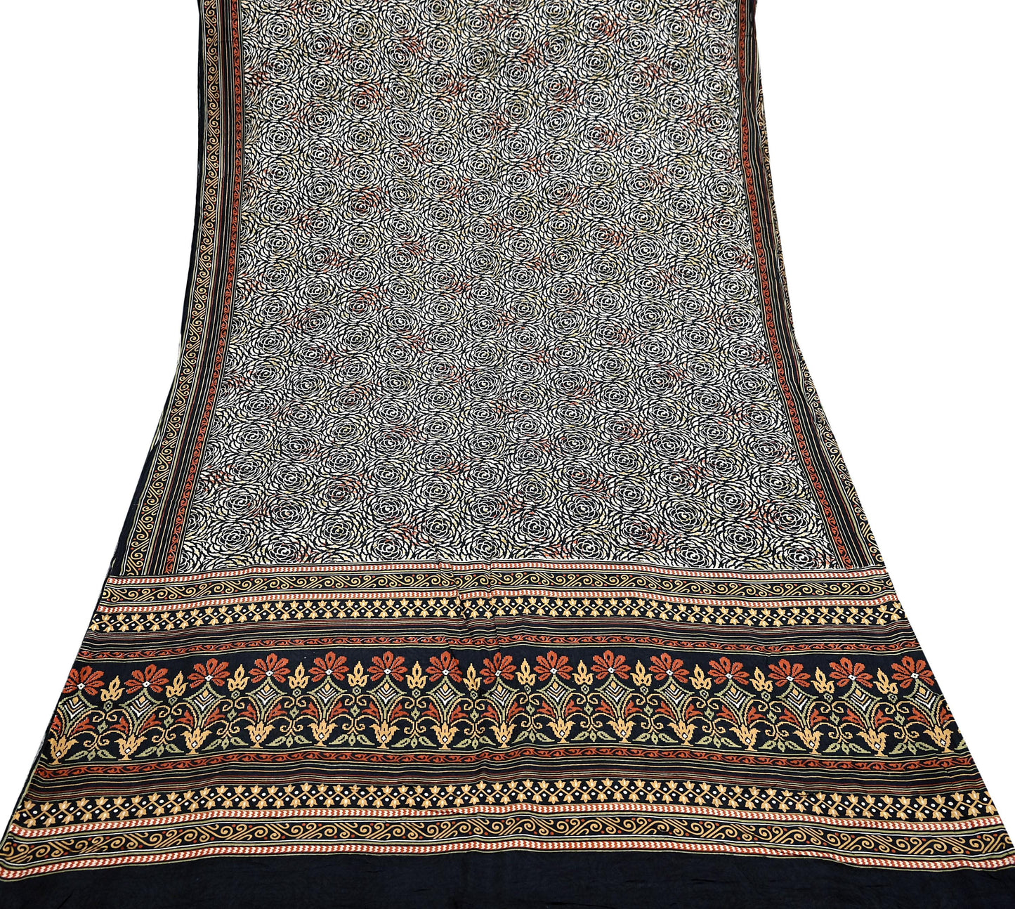 Indian Vintage Black & Beige Saree Pure Silk Block Printed Sari Craft Fabric 5yd Sewing DressMaking Soft Floral Quilting Crafting Upcycle