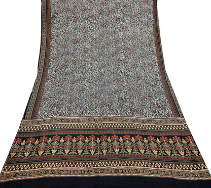Indian Vintage Black & Beige Saree Pure Silk Block Printed Sari Craft Fabric 5yd Sewing DressMaking Soft Floral Quilting Crafting Upcycle