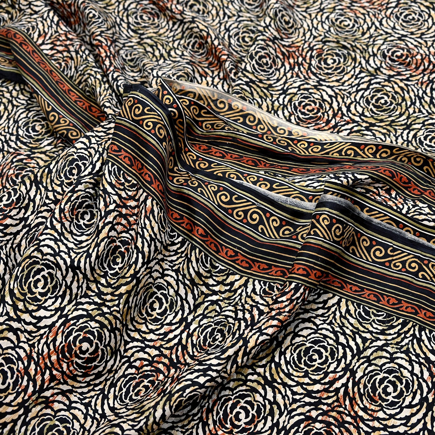 Indian Vintage Black & Beige Saree Pure Silk Block Printed Sari Craft Fabric 5yd Sewing DressMaking Soft Floral Quilting Crafting Upcycle