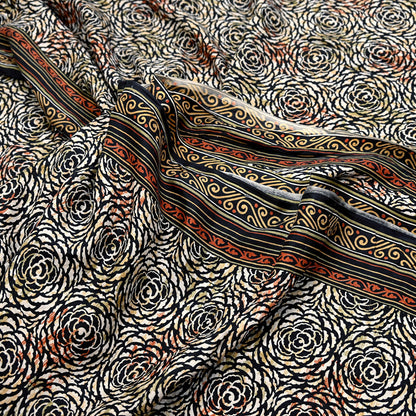 Indian Vintage Black & Beige Saree Pure Silk Block Printed Sari Craft Fabric 5yd Sewing DressMaking Soft Floral Quilting Crafting Upcycle