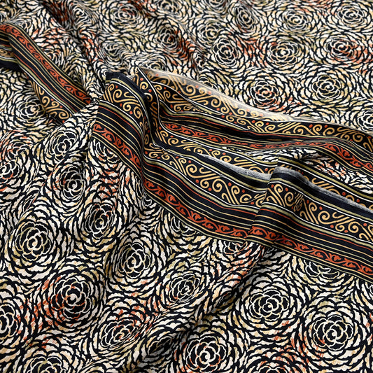 Indian Vintage Black & Beige Saree Pure Silk Block Printed Sari Craft Fabric 5yd Sewing DressMaking Soft Floral Quilting Crafting Upcycle