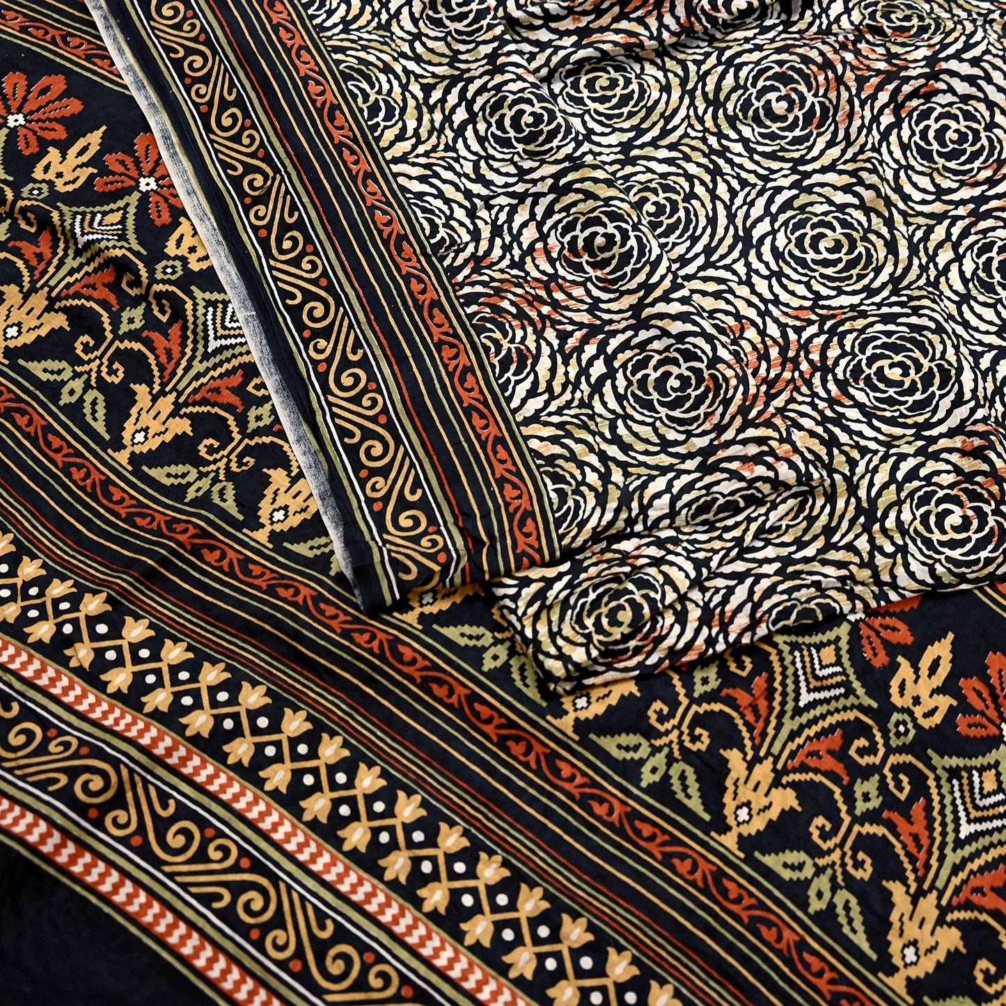 Indian Vintage Black & Beige Saree Pure Silk Block Printed Sari Craft Fabric 5yd Sewing DressMaking Soft Floral Quilting Crafting Upcycle