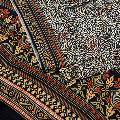 Indian Vintage Black & Beige Saree Pure Silk Block Printed Sari Craft Fabric 5yd Sewing DressMaking Soft Floral Quilting Crafting Upcycle