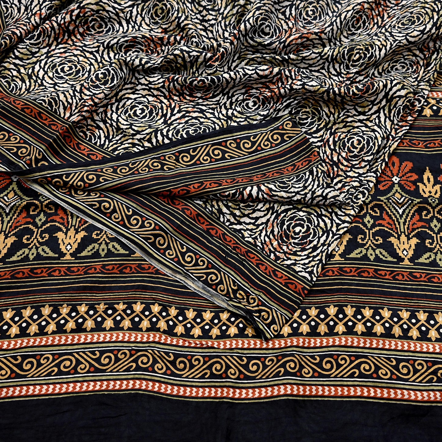 Indian Vintage Black & Beige Saree Pure Silk Block Printed Sari Craft Fabric 5yd Sewing DressMaking Soft Floral Quilting Crafting Upcycle