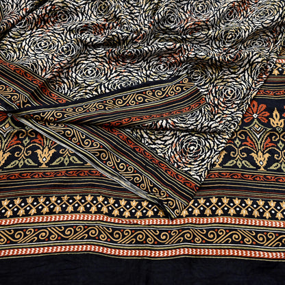 Indian Vintage Black & Beige Saree Pure Silk Block Printed Sari Craft Fabric 5yd Sewing DressMaking Soft Floral Quilting Crafting Upcycle