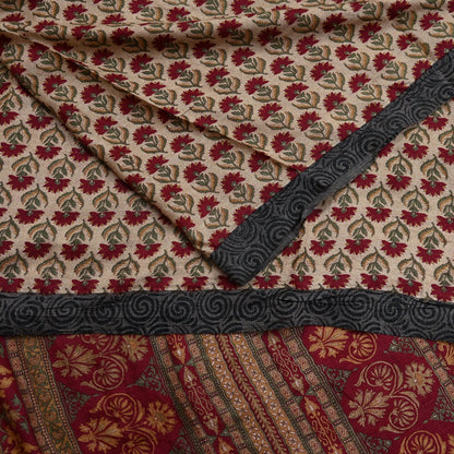Indian Vintage Sari Maoon & Beige Pure Woolen Woven Printed Sarees Soft Warm Craft Fabric 5Yd Floral Dress making Crafting For Winter Soft