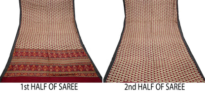 Indian Vintage Sari Maoon & Beige Pure Woolen Woven Printed Sarees Soft Warm Craft Fabric 5Yd Floral Dress making Crafting For Winter Soft