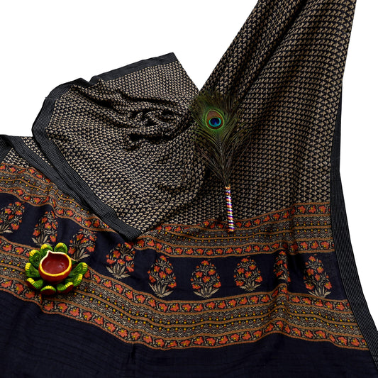 Indian Vintage Black & Beige Saree Pure Woolen Woven Printed Sari Warm Craft Fabric 5Yd Woven Border Dress making Crafting Dress Designing