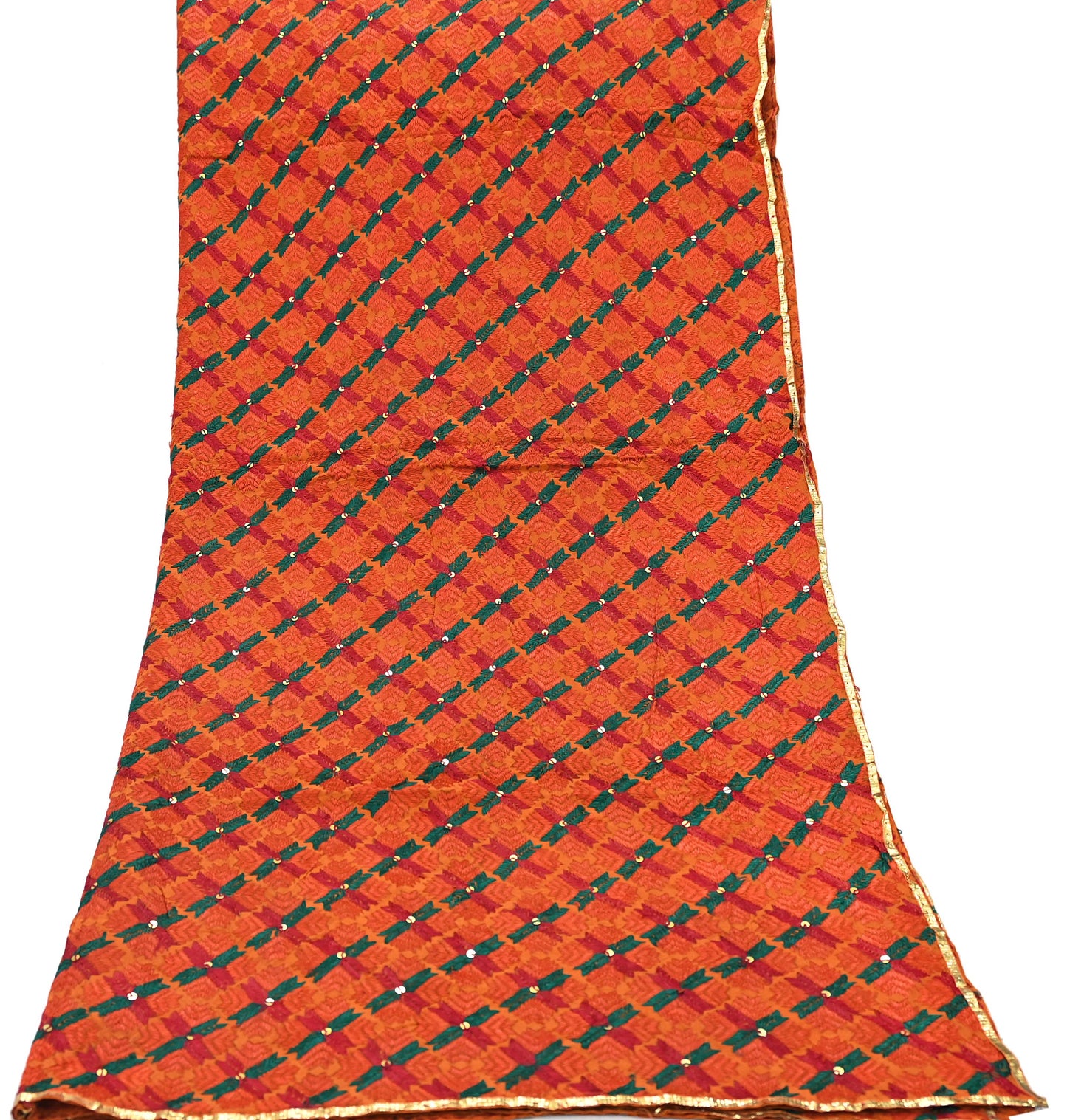 Indian Vintage Orange Heavy Wedding Dupatta Long Stole Pure Crepe silk Hand Embroidered Bagh Phulkari Stole Scarves