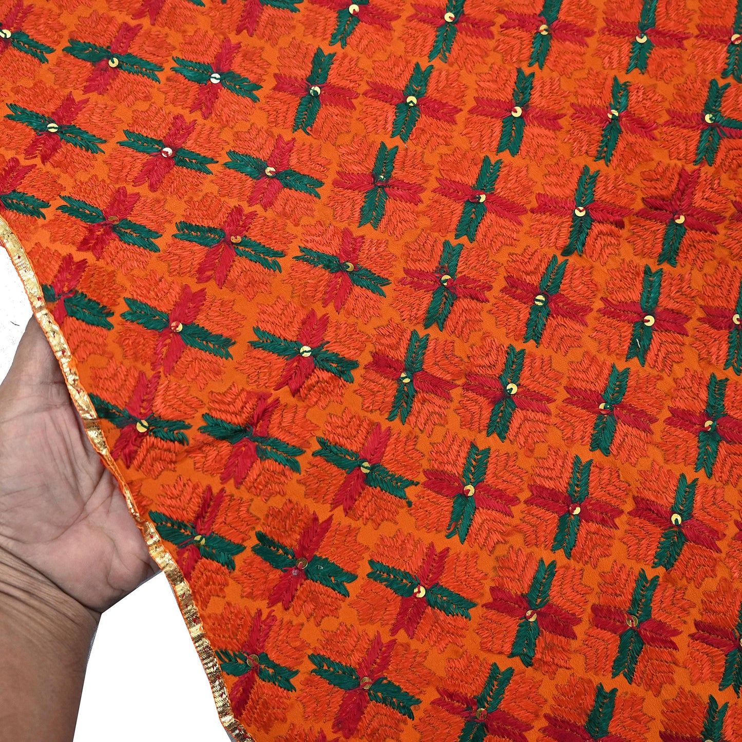 Indian Vintage Orange Heavy Wedding Dupatta Long Stole Pure Crepe silk Hand Embroidered Bagh Phulkari Stole Scarves