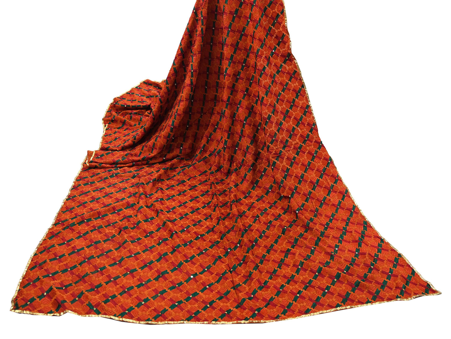 Indian Vintage Orange Heavy Wedding Dupatta Long Stole Pure Crepe silk Hand Embroidered Bagh Phulkari Stole Scarves