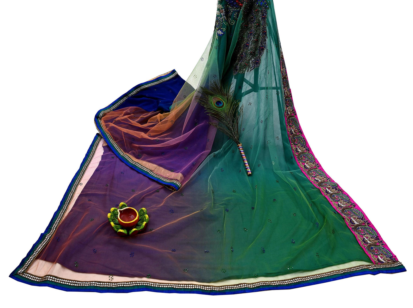 Indian Vintage Heavy Sari Multi Net/Mesh Embroidered Sarees Fabric 6Yd Sewing Soft Green Sequins Floral Zari Bridal/wedding Saris