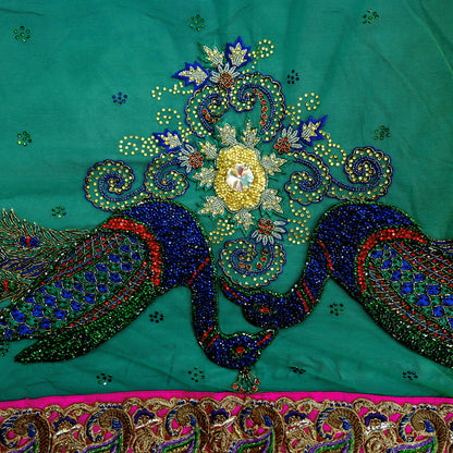 Indian Vintage Heavy Sari Multi Net/Mesh Embroidered Sarees Fabric 6Yd Sewing Soft Green Sequins Floral Zari Bridal/wedding Saris