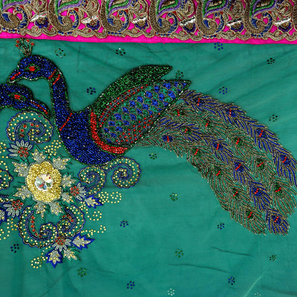 Indian Vintage Heavy Sari Multi Net/Mesh Embroidered Sarees Fabric 6Yd Sewing Soft Green Sequins Floral Zari Bridal/wedding Saris