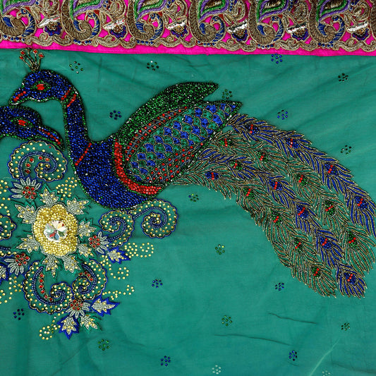 Indian Vintage Heavy Sari Multi Net/Mesh Embroidered Sarees Fabric 6Yd Sewing Soft Green Sequins Floral Zari Bridal/wedding Saris